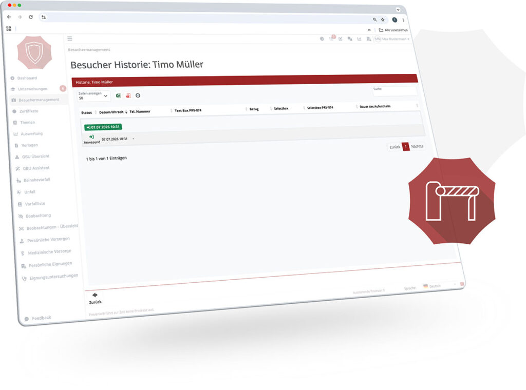 Digitale Besucherhistorie im Besuchermanagement von Prevenio mit Anwesenheitsstatus und Dokumentation.