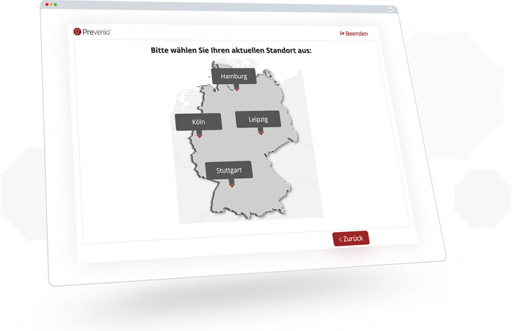 Das Besuchermanagement von Prevenio ermöglicht Besuchern die einfache Auswahl ihres Standorts und sorgt für einen schnellen, digitalen Check in an mehreren Unternehmensstandorten.