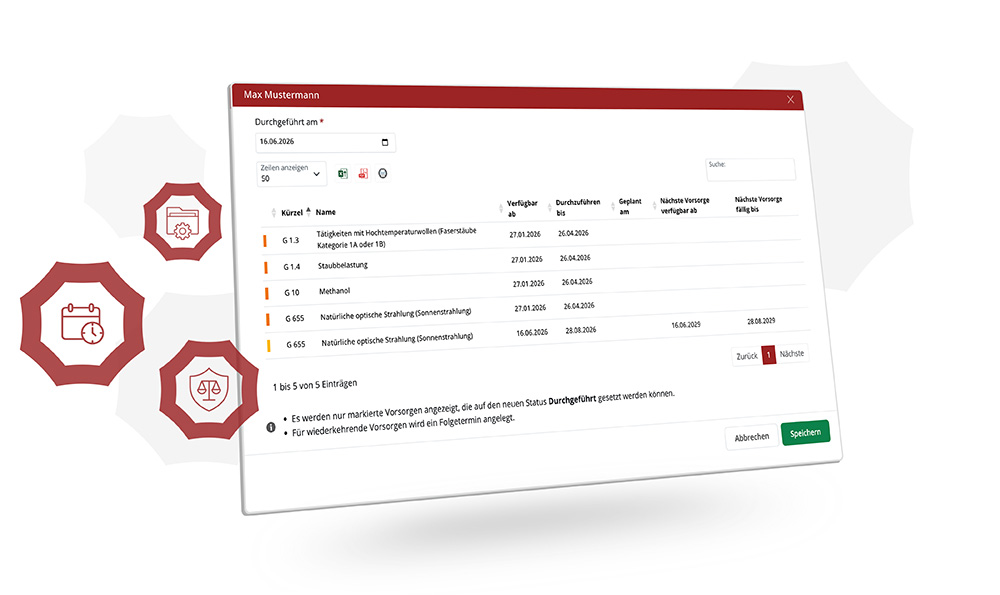 Das Bild zeigt ein umfangreiches Web-Dashboard für die Verwaltung medizinischer Vorsorgeprozesse in Unternehmen. Auf der linken Seite befindet sich eine Navigationsleiste mit verschiedenen Modulen. Im Hauptbereich werden Vorsorgedaten tabellarisch dargestellt, unterteilt in Kategorien wie durchgeführt, geplant, offen, überfällig oder abgelehnt. Filterfunktionen ermöglichen eine gezielte Auswertung nach Vorsorgearten und Status. Zusätzliche visuelle Elemente wie ein Schutzschild- und Spritzensymbol unterstreichen den medizinischen Kontext der Anwendung und die Bedeutung von Gesundheitsschutz am Arbeitsplatz.