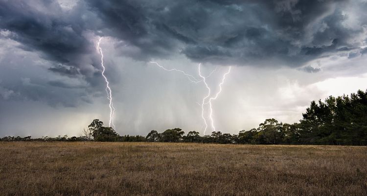 Eine Gewitterfront mit mehreren sichtbaren Blitzeinschlägen zieht über ein trockenes Feld. Dunkle Wolken bedecken den Himmel und vermitteln die Dynamik und Gefahr eines starken Unwetters.