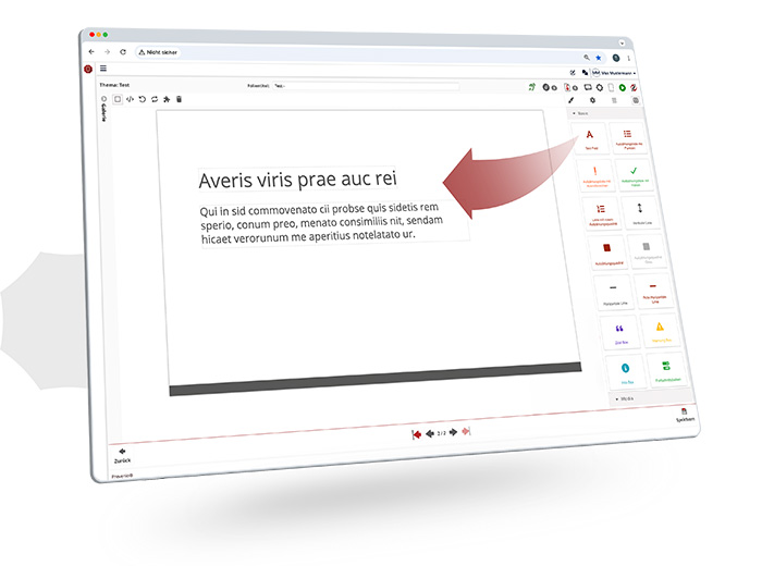 Das Bild zeigt eine Software-Oberfläche für die Erstellung und Bearbeitung von Unterweisungen. Im Zentrum befindet sich ein Editor mit einem Textbereich und Platzhalterinhalten. Rechts ist eine vertikale Werkzeugleiste mit verschiedenen Bearbeitungsoptionen und Inhaltselementen sichtbar. Ein roter Pfeil hebt diesen Funktionsbereich hervor und lenkt die Aufmerksamkeit auf die Redaktionsfunktionen. Oben sind Navigations- und Menüelemente zu sehen, während unten Steuerelemente für Navigation und Fortschritt angezeigt werden. Die Darstellung wirkt modern, klar strukturiert und fokussiert auf die Content-Erstellung.