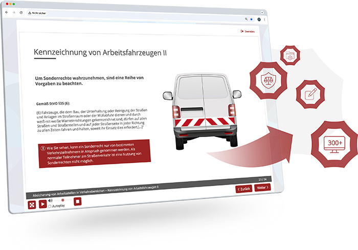 Das Bild zeigt eine digitale Lern- oder Unterweisungsoberfläche mit einem Schulungsinhalt zum Thema „Kennzeichnung von Arbeitsfahrzeugen II“. Auf der linken Seite befindet sich ein Textbereich mit erklärenden Inhalten und einem hervorgehobenen Hinweisfeld. In der Mitte ist eine grafische Darstellung eines Fahrzeugs mit Warnmarkierungen zu sehen. Rechts daneben sind mehrere hervorgehobene Icons dargestellt, die Vorteile oder Funktionen symbolisieren, darunter Symbole für Recht, Checklisten und Inhalte. Ein roter Pfeil verbindet die Oberfläche mit diesen Vorteilsicons und hebt den Mehrwert der Inhalte hervor. Unten sind Navigations- und Steuerungselemente sichtbar, die auf eine interaktive Lernumgebung hinweisen.